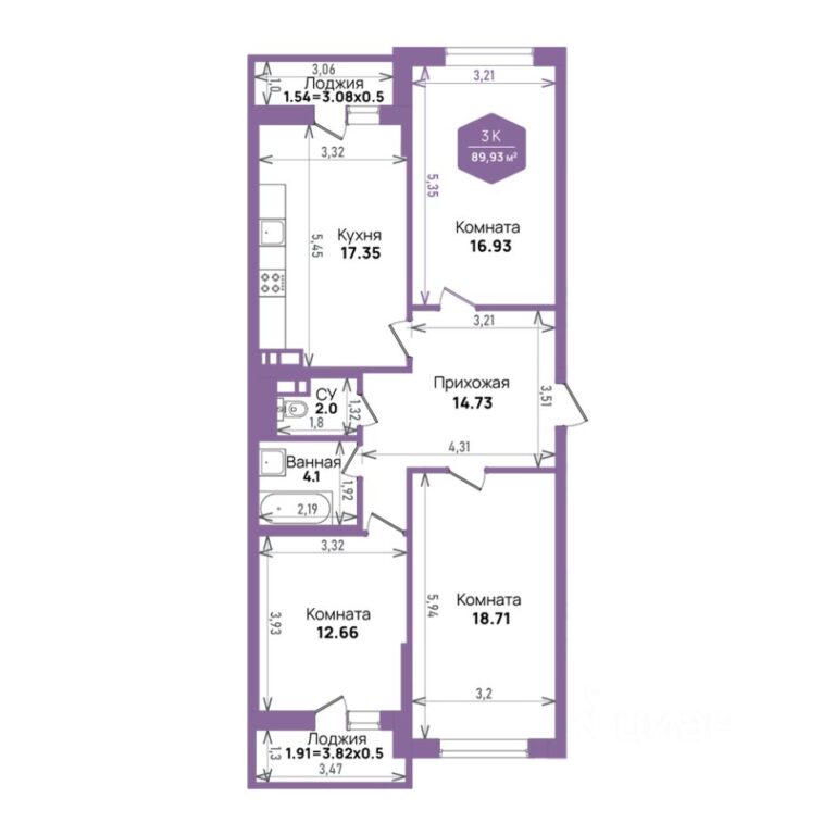 3+ комнатная, 89.93 м²