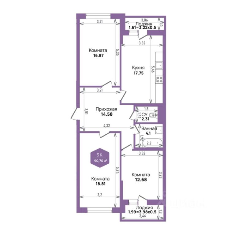 3+ комнатная, 90,7 м²